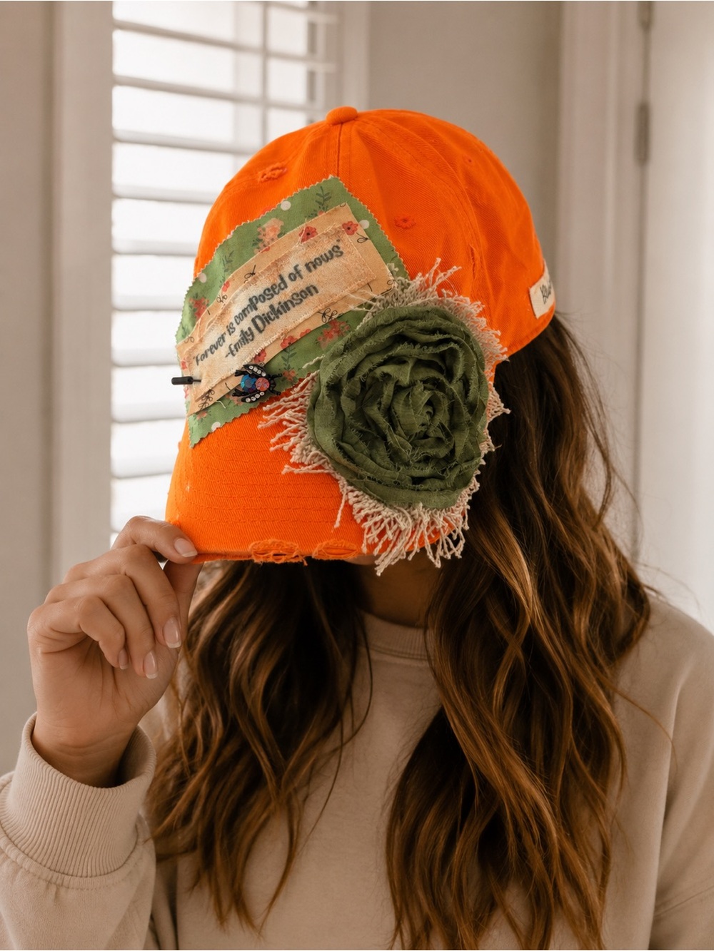 New KBETHOS Orange Cap with Green Fabric Flower Designed by BlueberryKate